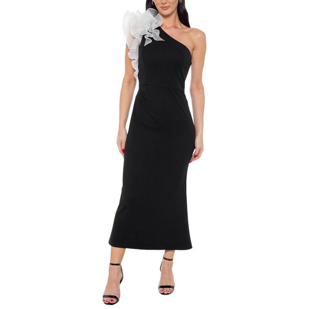 Marina Womens Ruffle Shoulder Midi Dress, Black